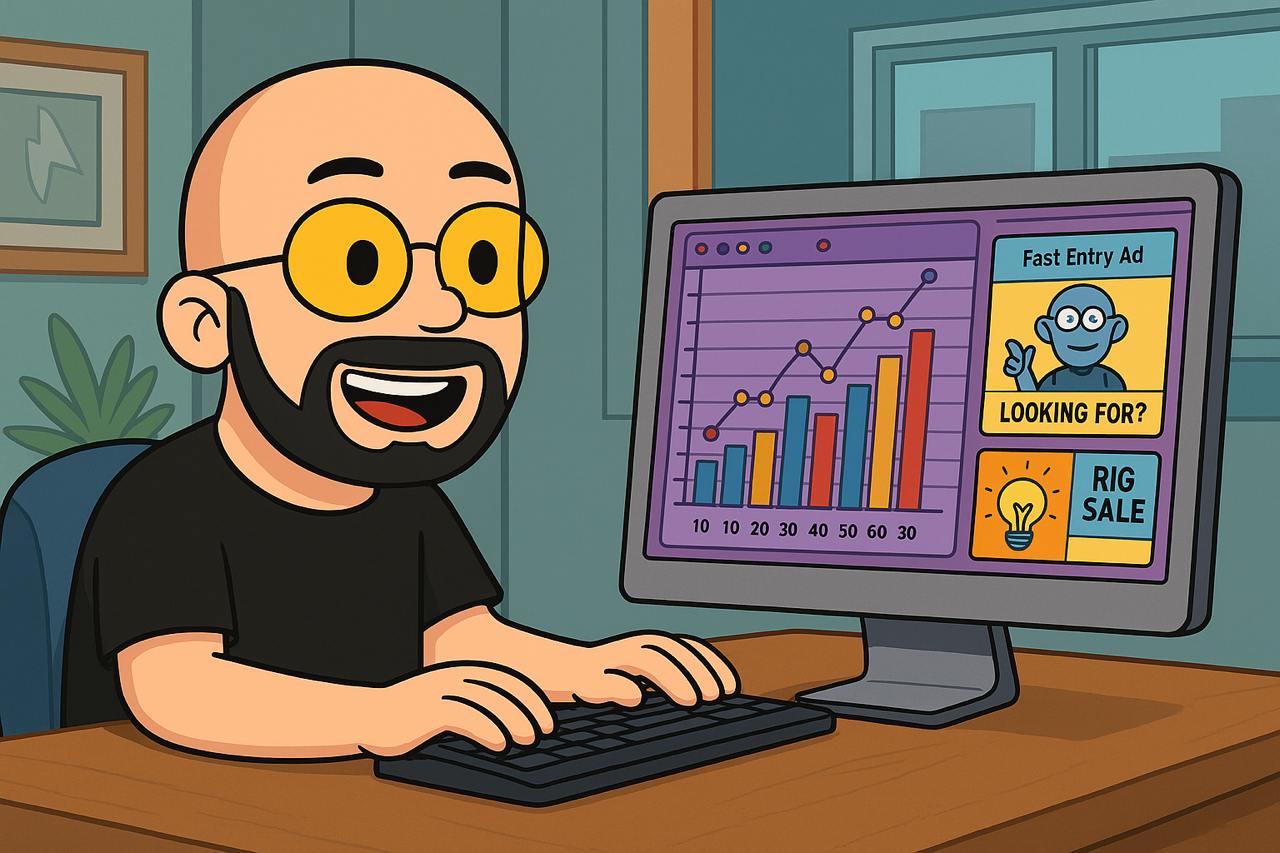 Cartoon man wearing glasses analyzing ad performance data on a computer screen